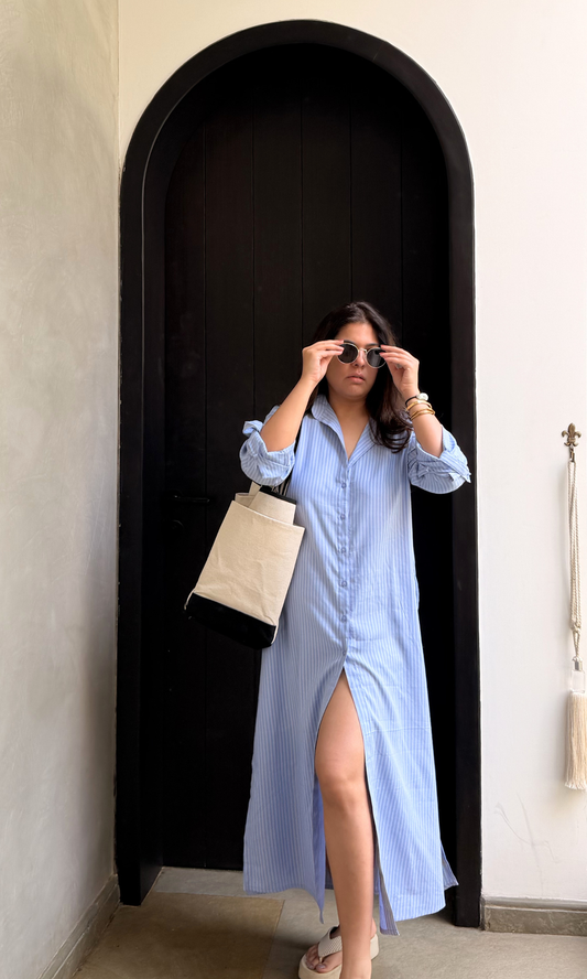 Blue Two Tone Long Shirt Dress