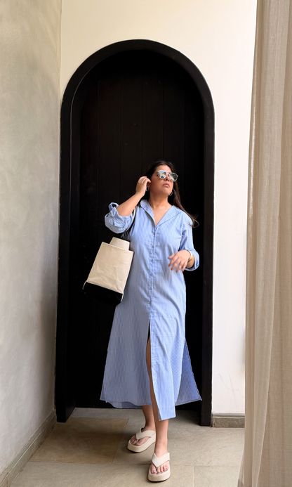 Blue Two Tone Long Shirt Dress
