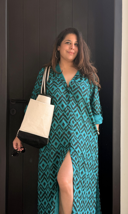 Teal Noir Print Long Shirt Dress