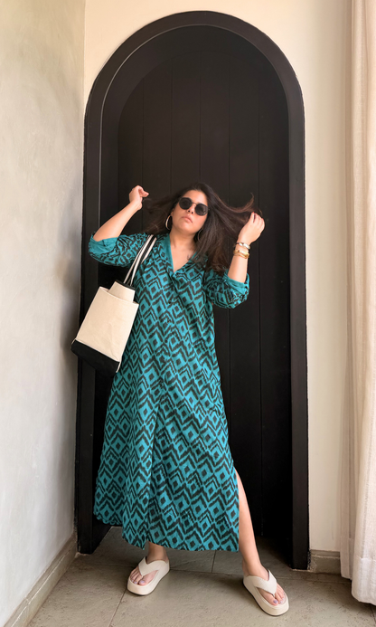 Teal Noir Print Long Shirt Dress