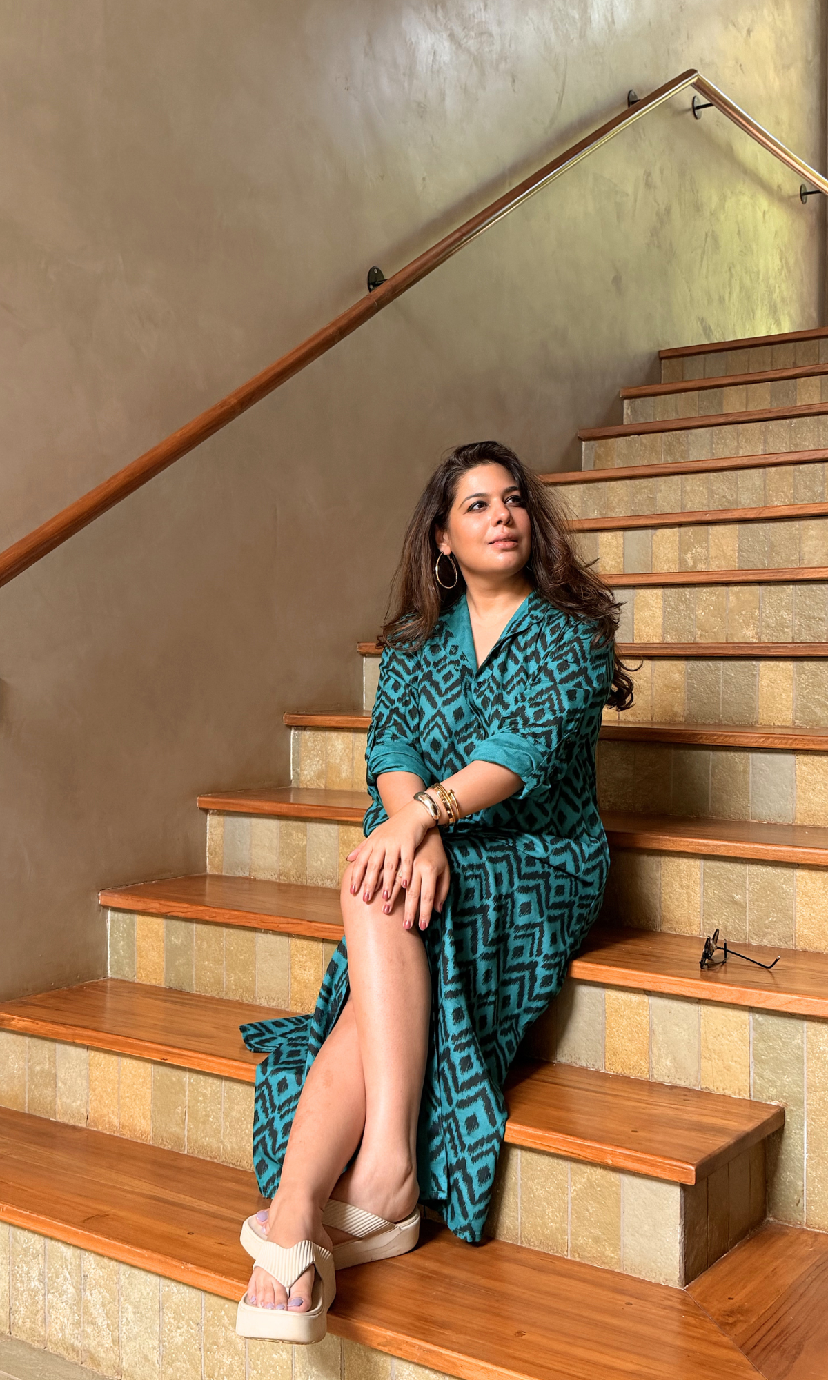 Teal Noir Print Long Shirt Dress