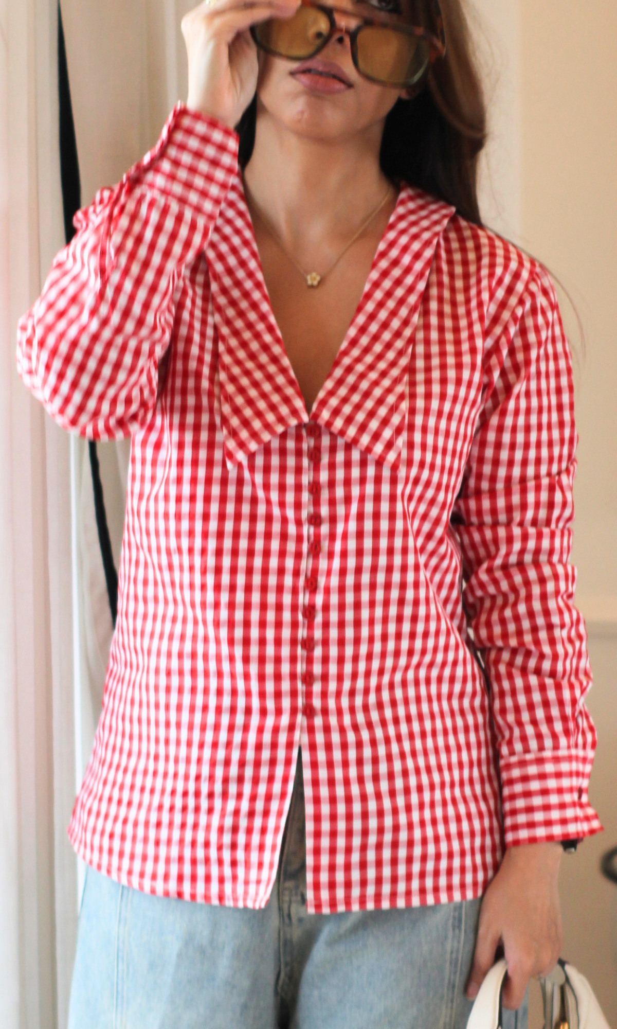 Red Gingham Oversized Collar Shirt