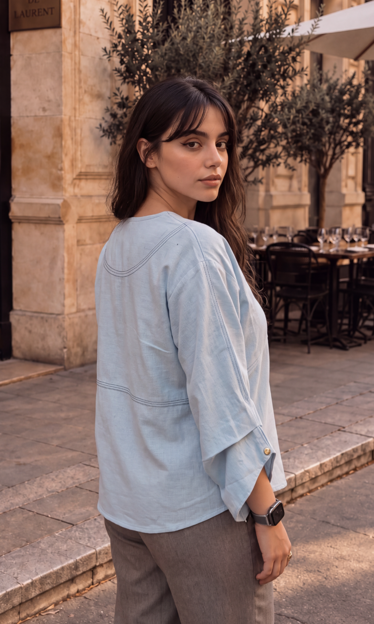 Sage Blue Contrast-Stitch Top