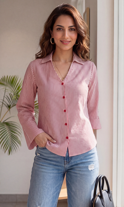 Red Linear Flared Sleeves Shirt