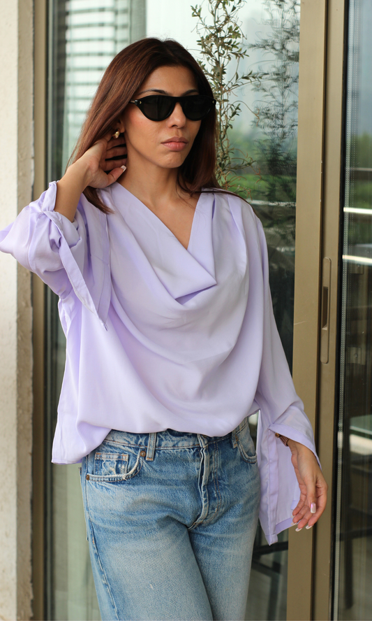 Lavender Slit Sleeves Cowl Neck Top