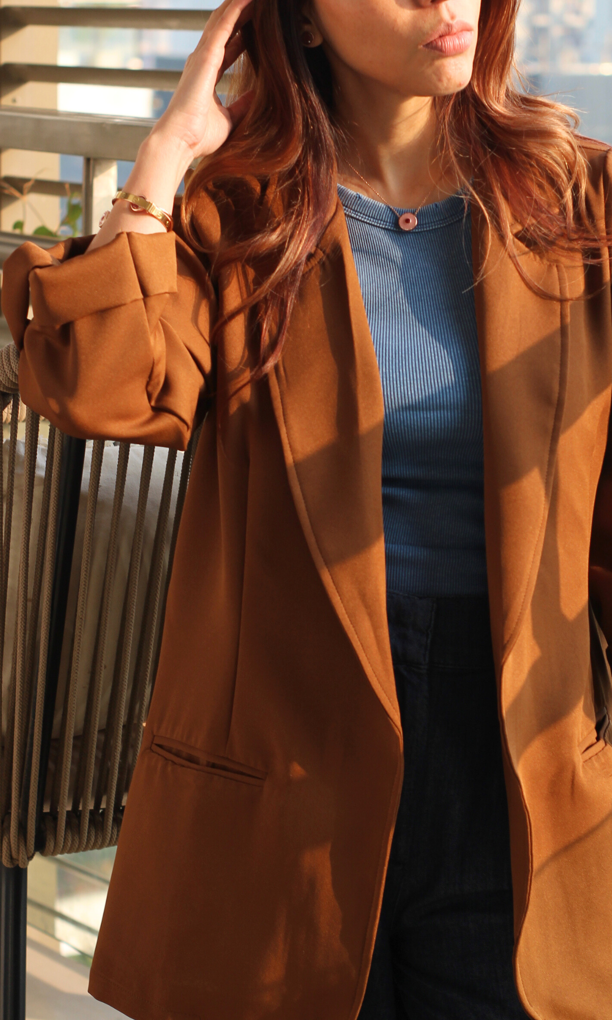 Mocha Rolled-Up Sleeve Blazer Jacket