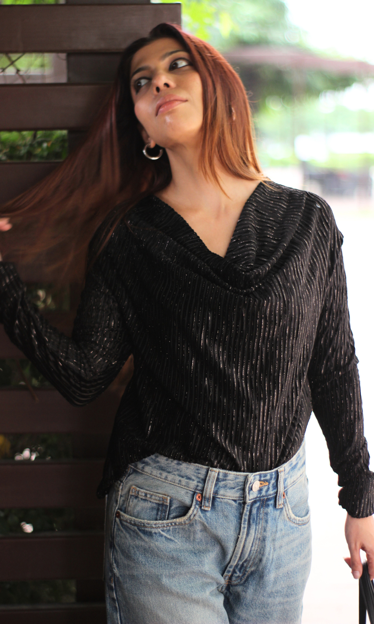 Black Pleated Full Sleeve Cowl Neck Top