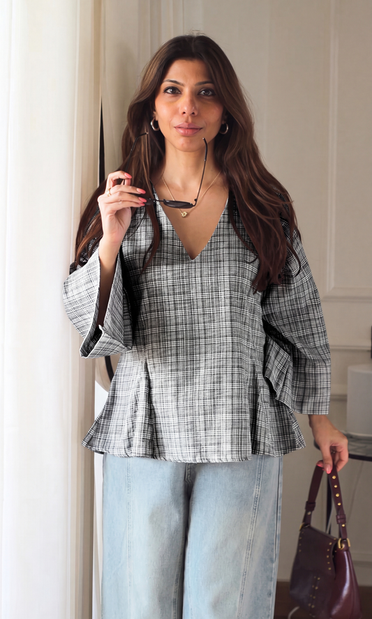 Charcoal Check V-Neck Peplum Top