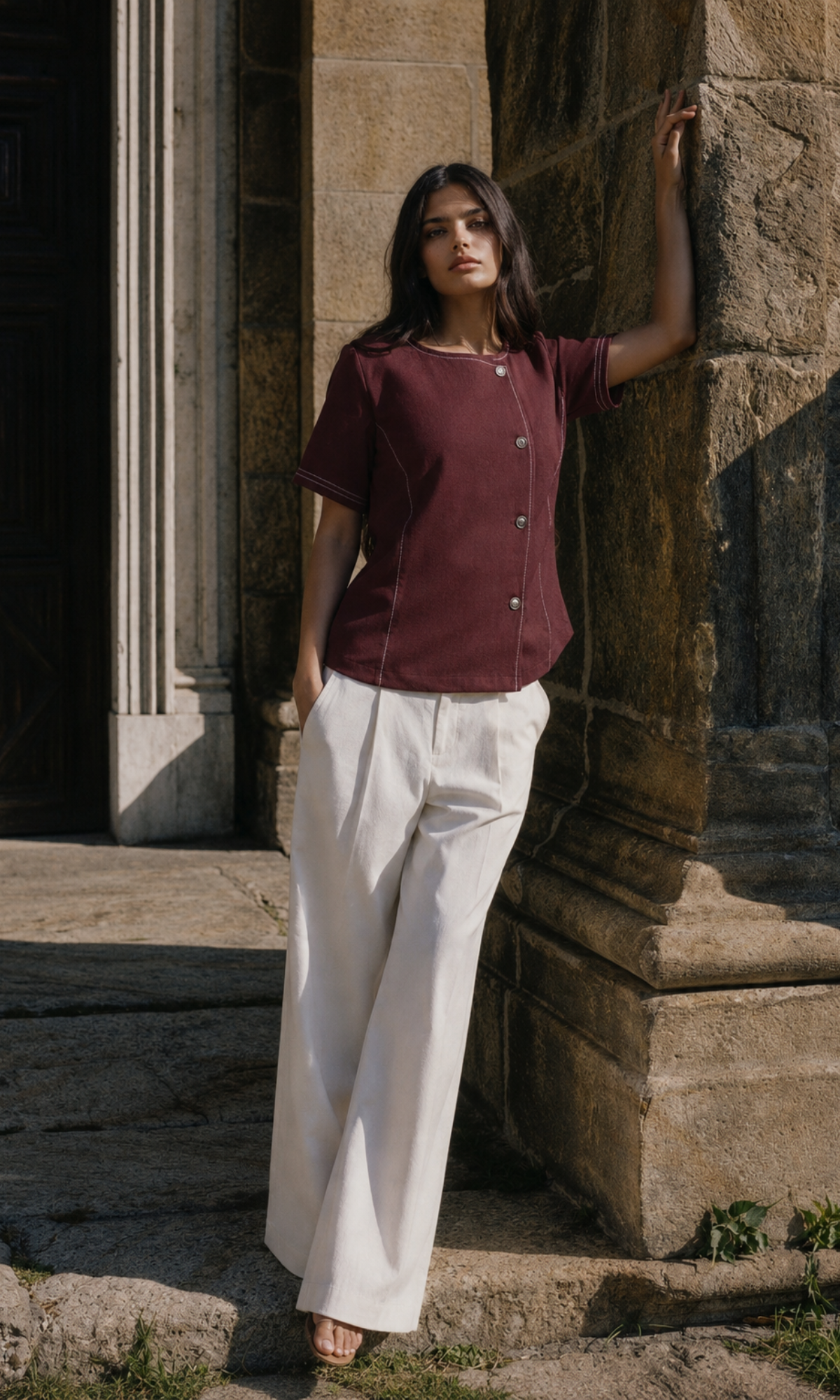 Wine Denim Contrast Stitch Top