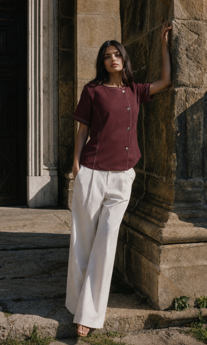 Wine Denim Contrast Stitch Top