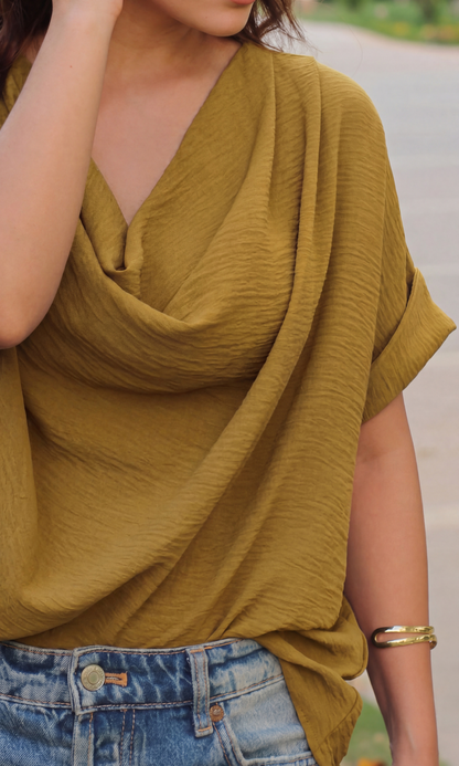 Mustard Olive Flowing Cowl Neck Top