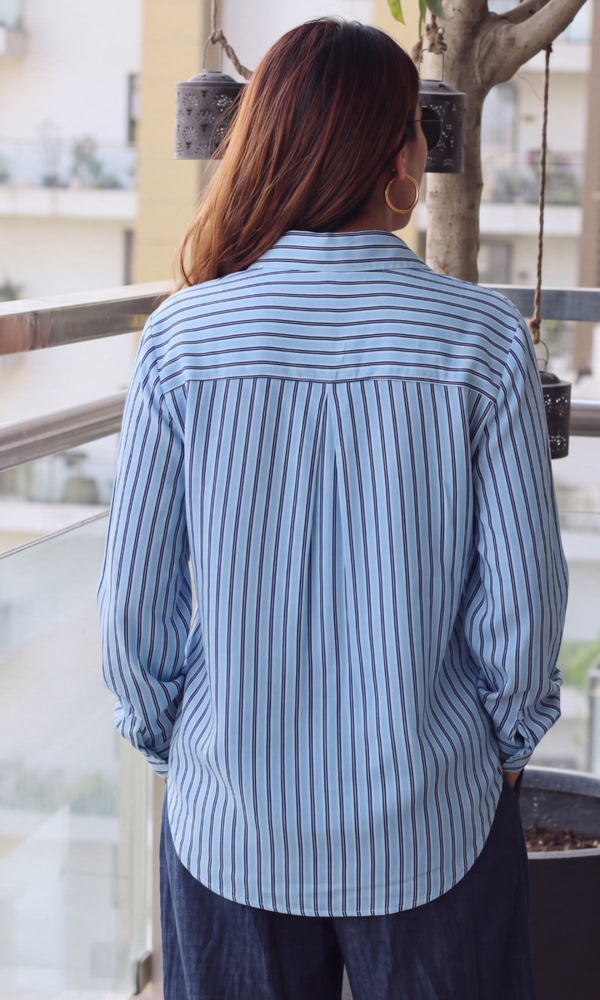 Blue Stripe Cotton Flared-Sleeve Shirt