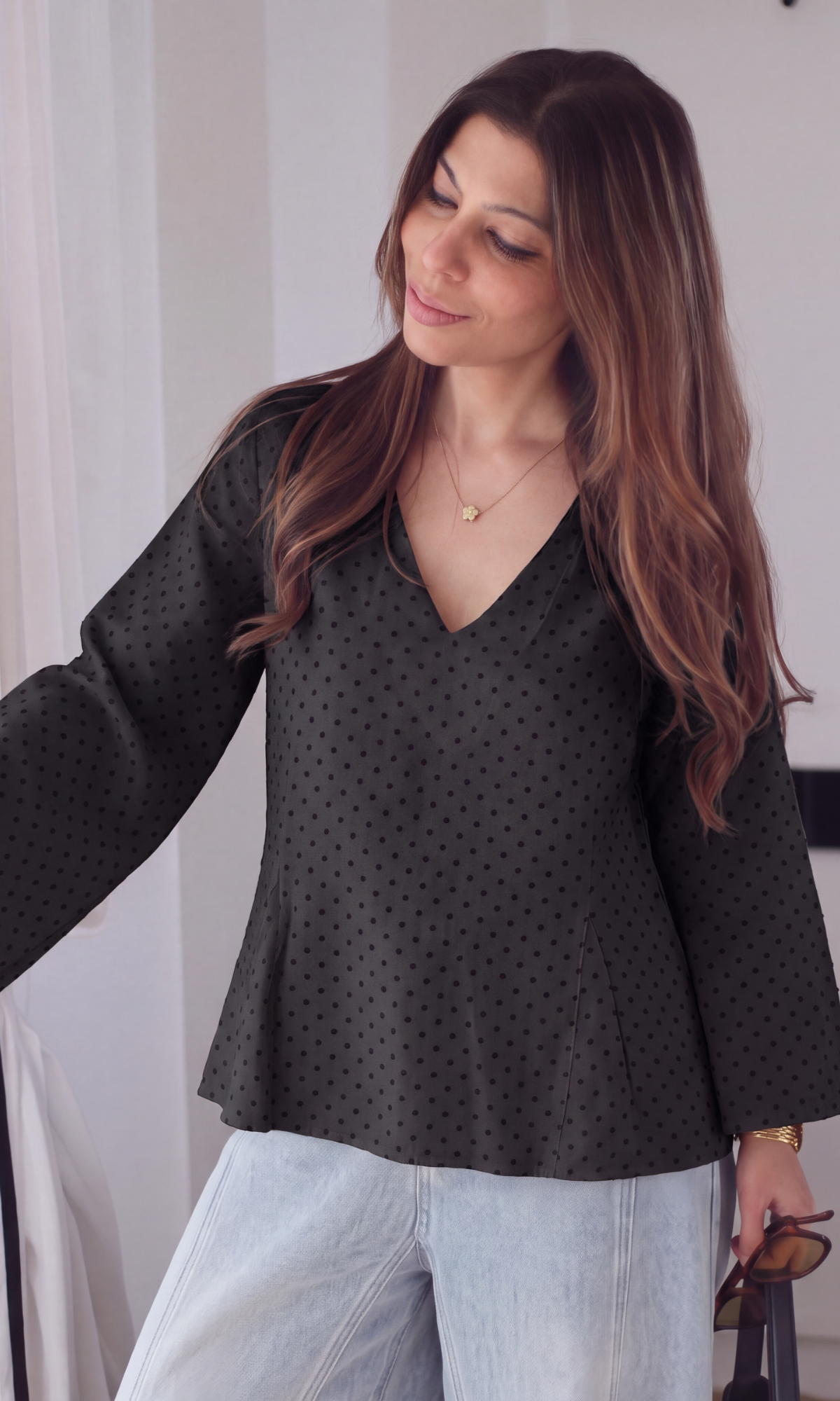 Black Textured V-Neck Peplum Top