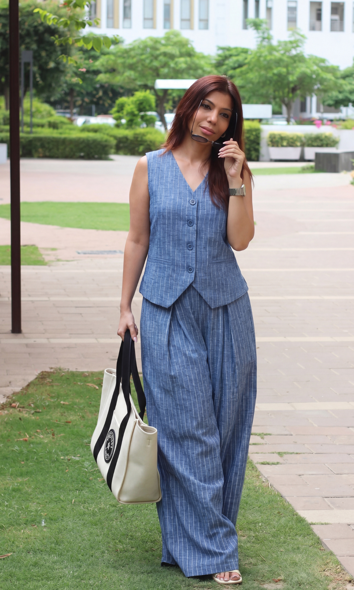 Blue-White Denim Cotton Waistcoat and Pants Co-ord