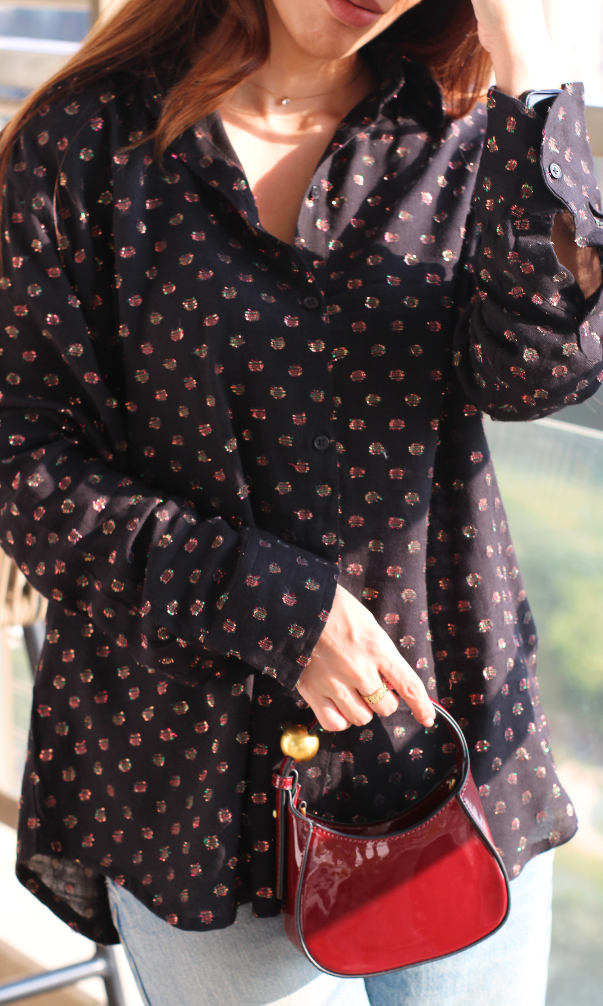 Fabric close-up of Black Lurex Flowing Shirt texture.