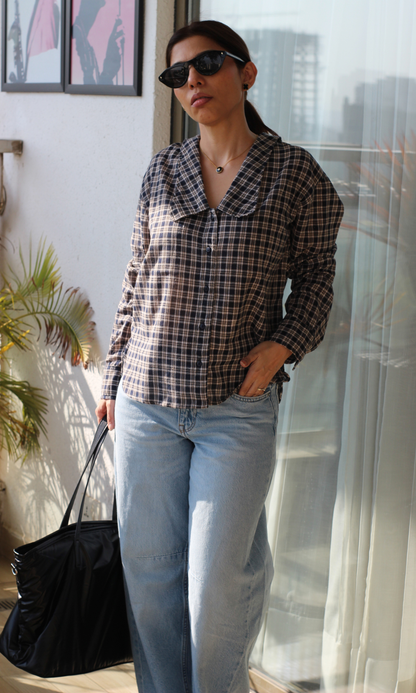 Navy Gingham-Check Peter Pan Collared Shirt