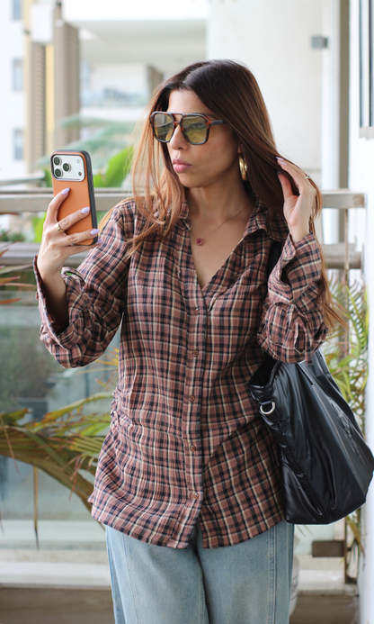 Rust Black Crinkled String Detailed Cotton Shirt