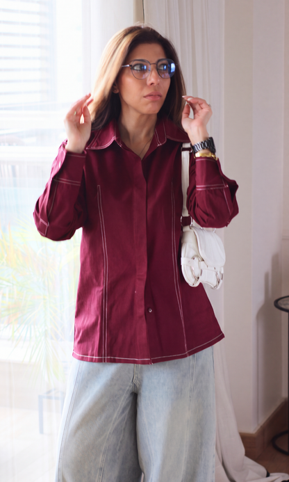 Wine Denim Contrast Dart Stitch Shirt
