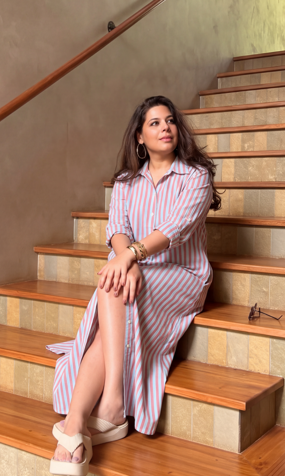 Coral Blue Striped Shirt Dress
