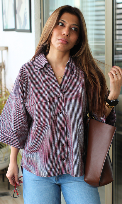 Wine Black Micro-Check Loose Shirt