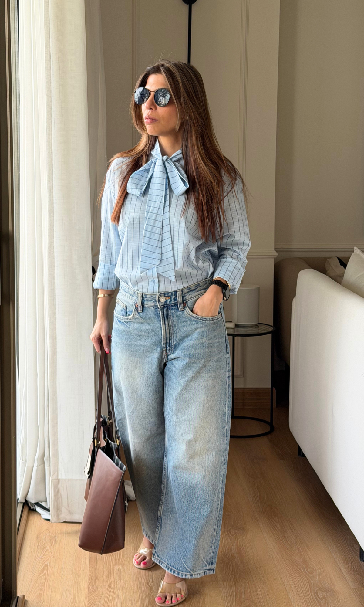 Sky Blue Pinstripe Bow-Tie Shirt