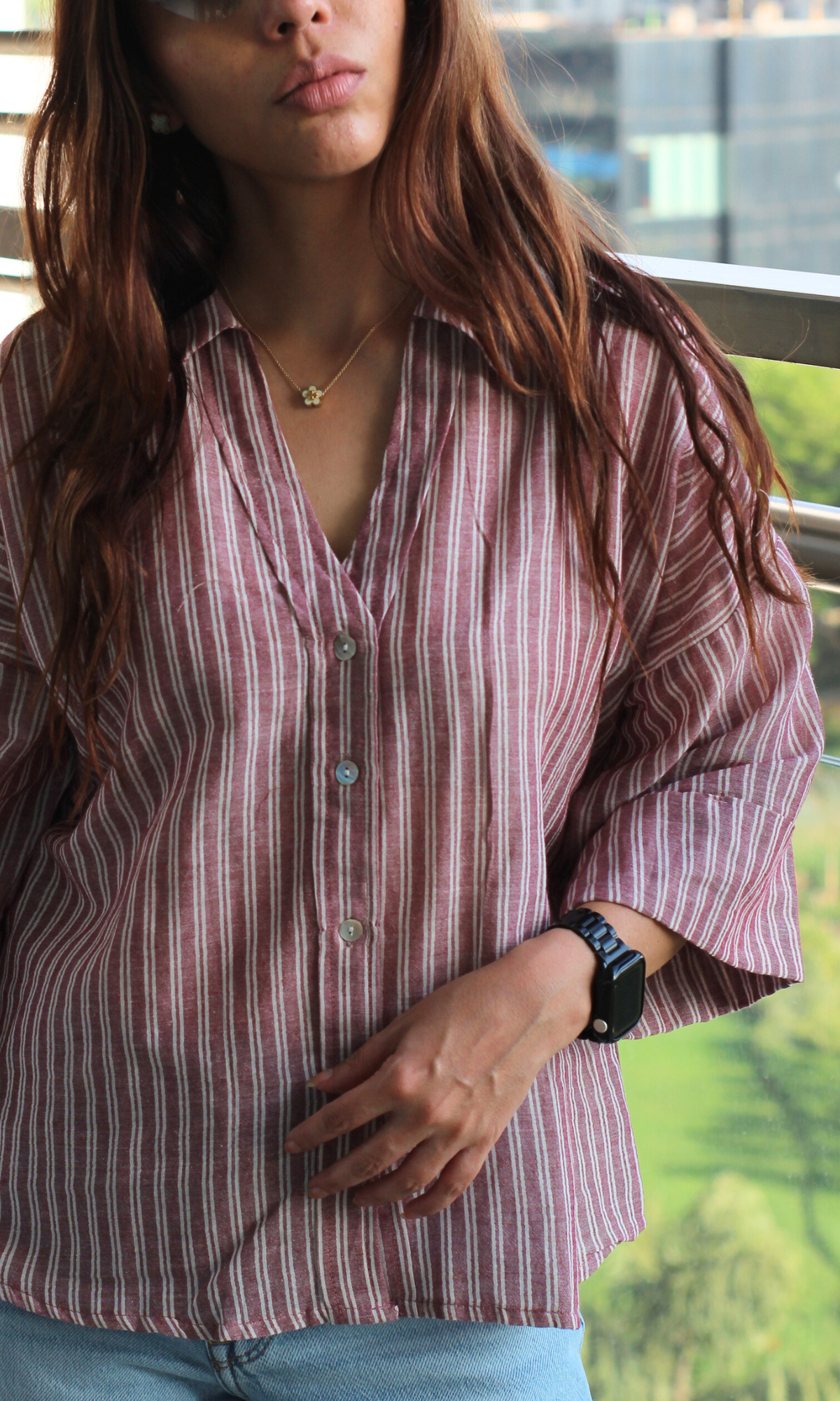 Sea Pink Linear Loose Shirt