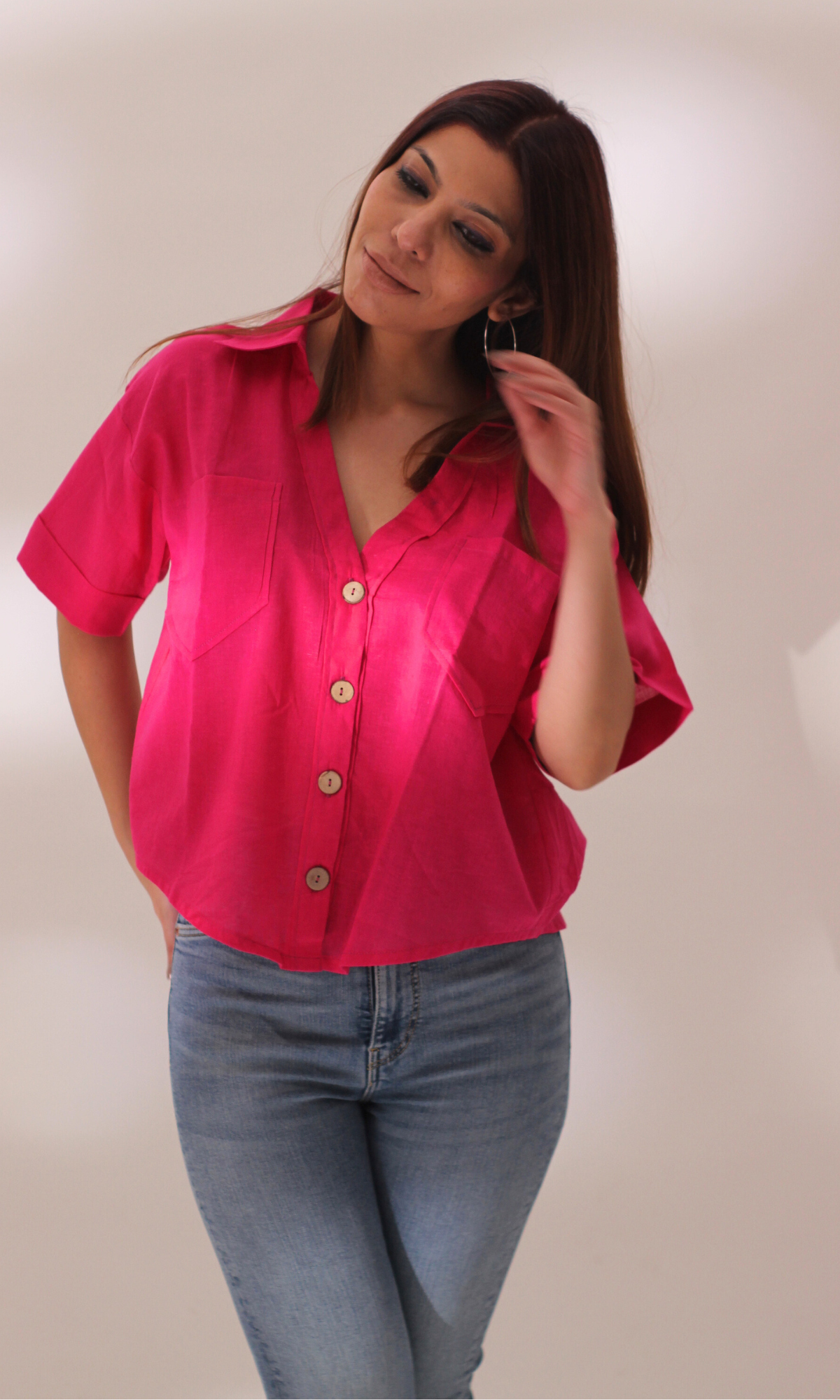 Hot Pink Cotton Cropped Shirt