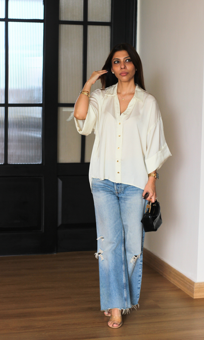 White Loose Metallic Buttoned Shirt