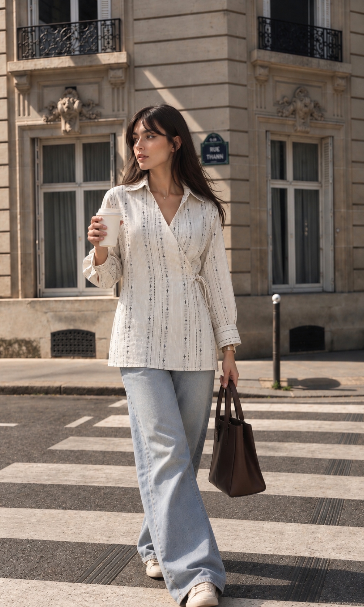 Ivory Black Jacquard Cotton Wrap Top