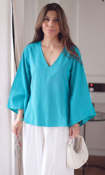 Teal Stripe V-Neck Peplum Top