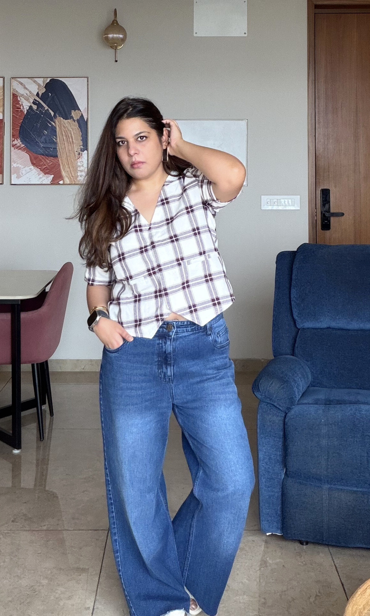 Plum Grid Sleeved Waist Coat