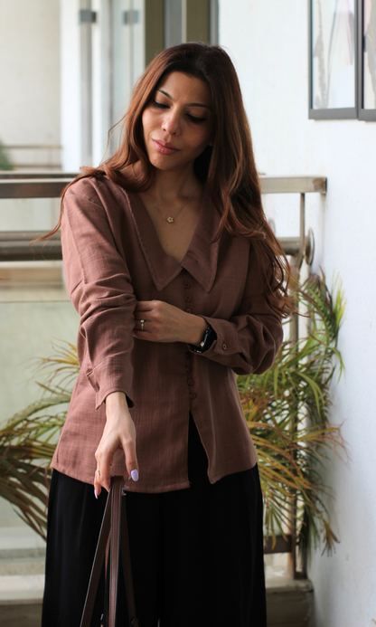 Brown Self Peter Pan Collared Shirt