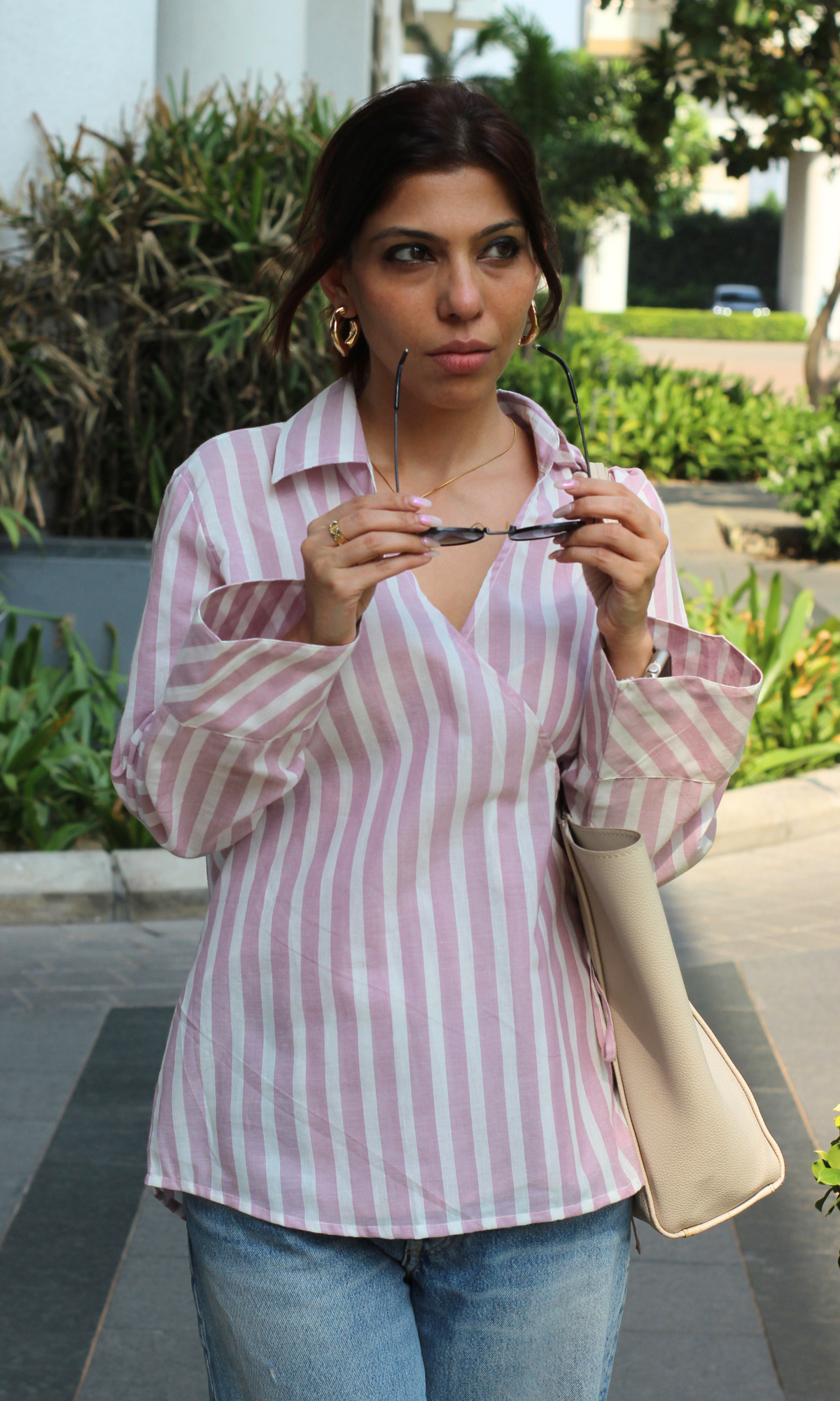 Pink-White Collared Cotton Kimono Top