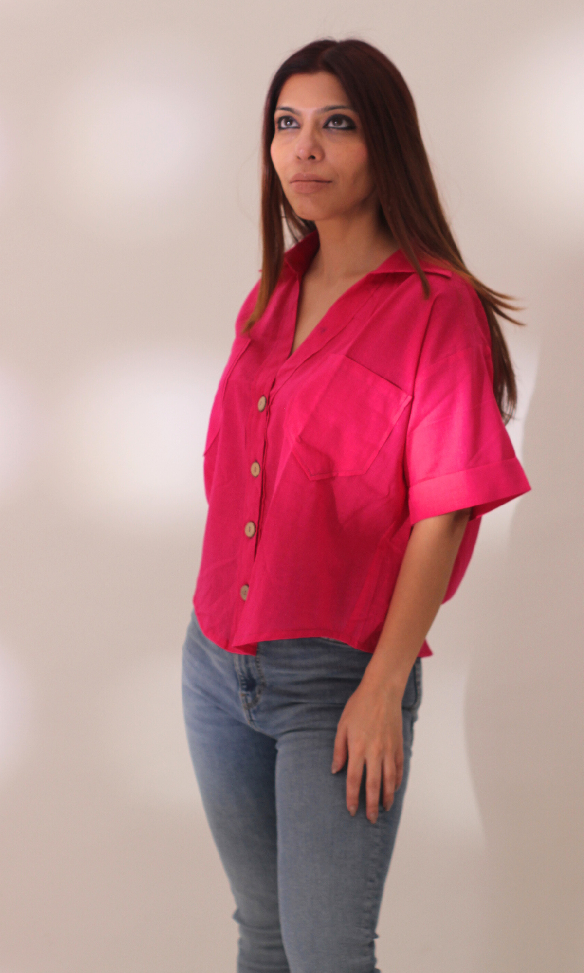 Hot Pink Cotton Cropped Shirt