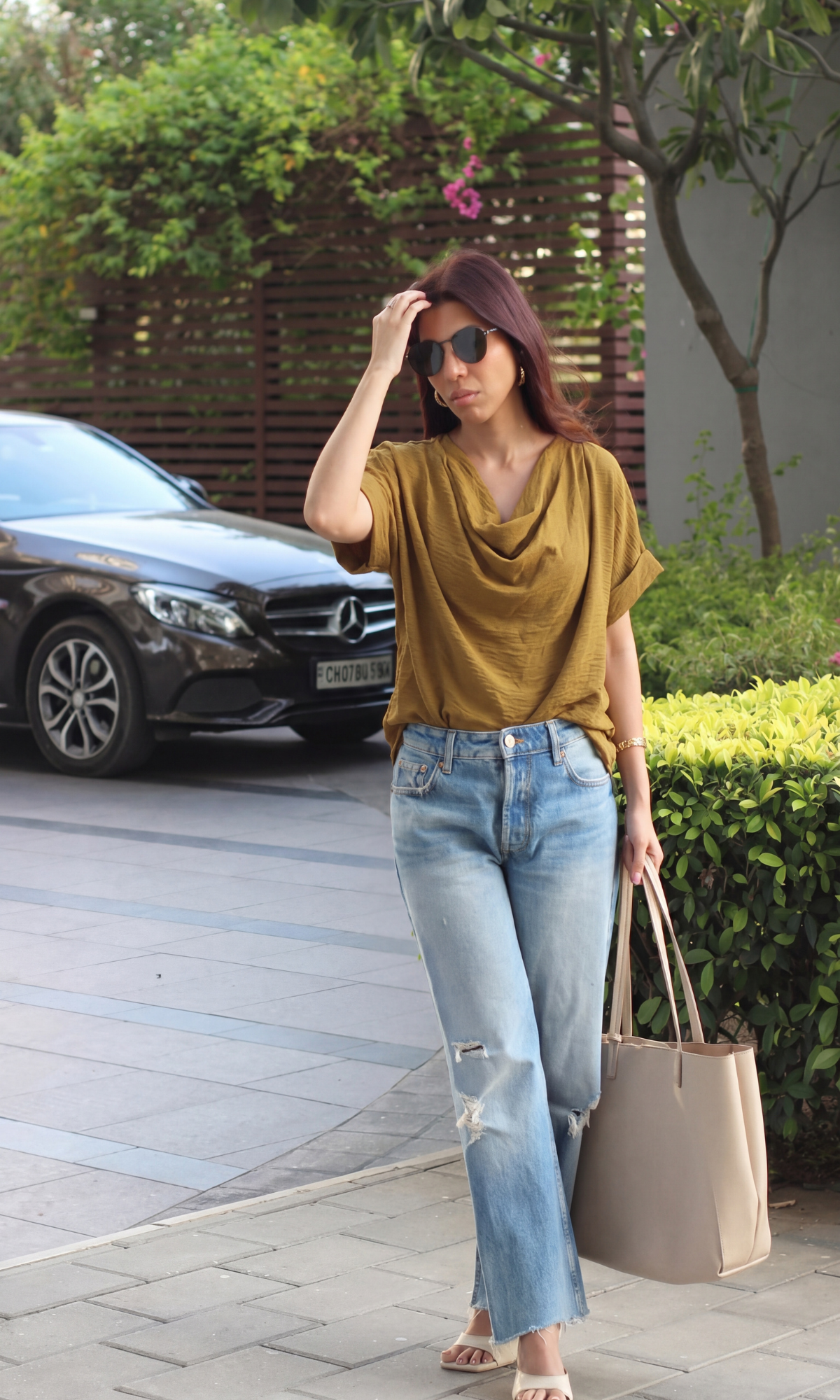Mustard Olive Flowing Cowl Neck Top