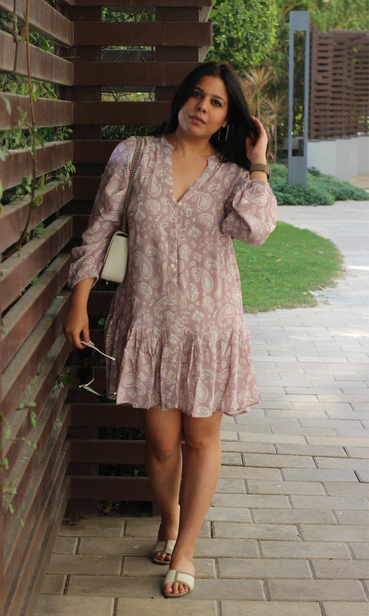 Nude Paisley Printed Sleeved Crepe Dress