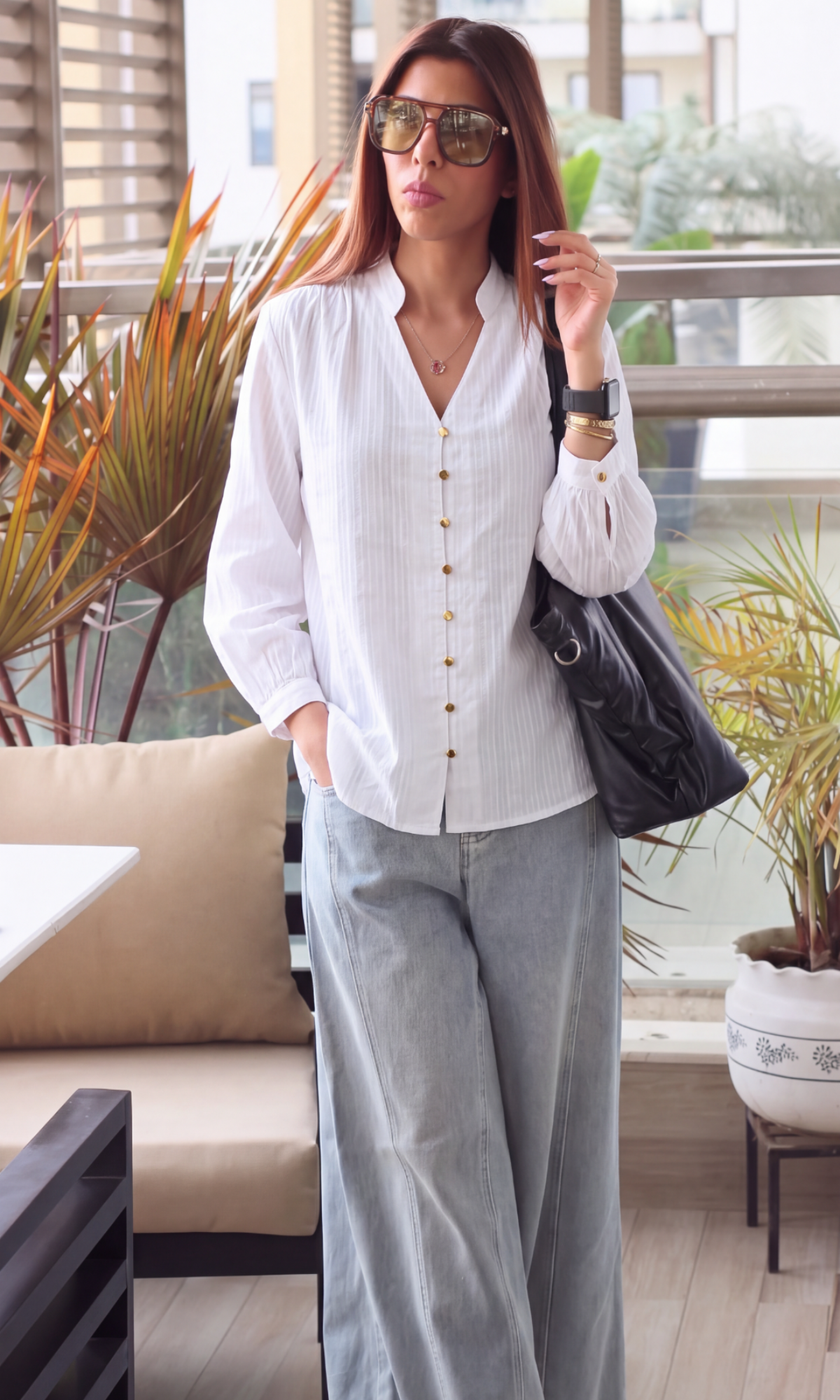Ivory Weave Stripe Gathered-Collar Bishop Sleeve Shirt