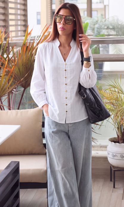 Ivory Weave Stripe Gathered-Collar Bishop Sleeve Shirt