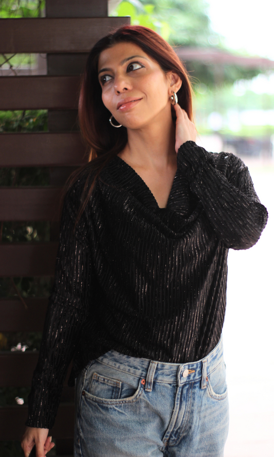 Black Pleated Full Sleeve Cowl Neck Top