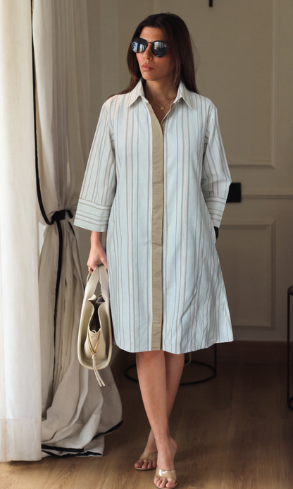 Camel Contrast-Placket Dress
