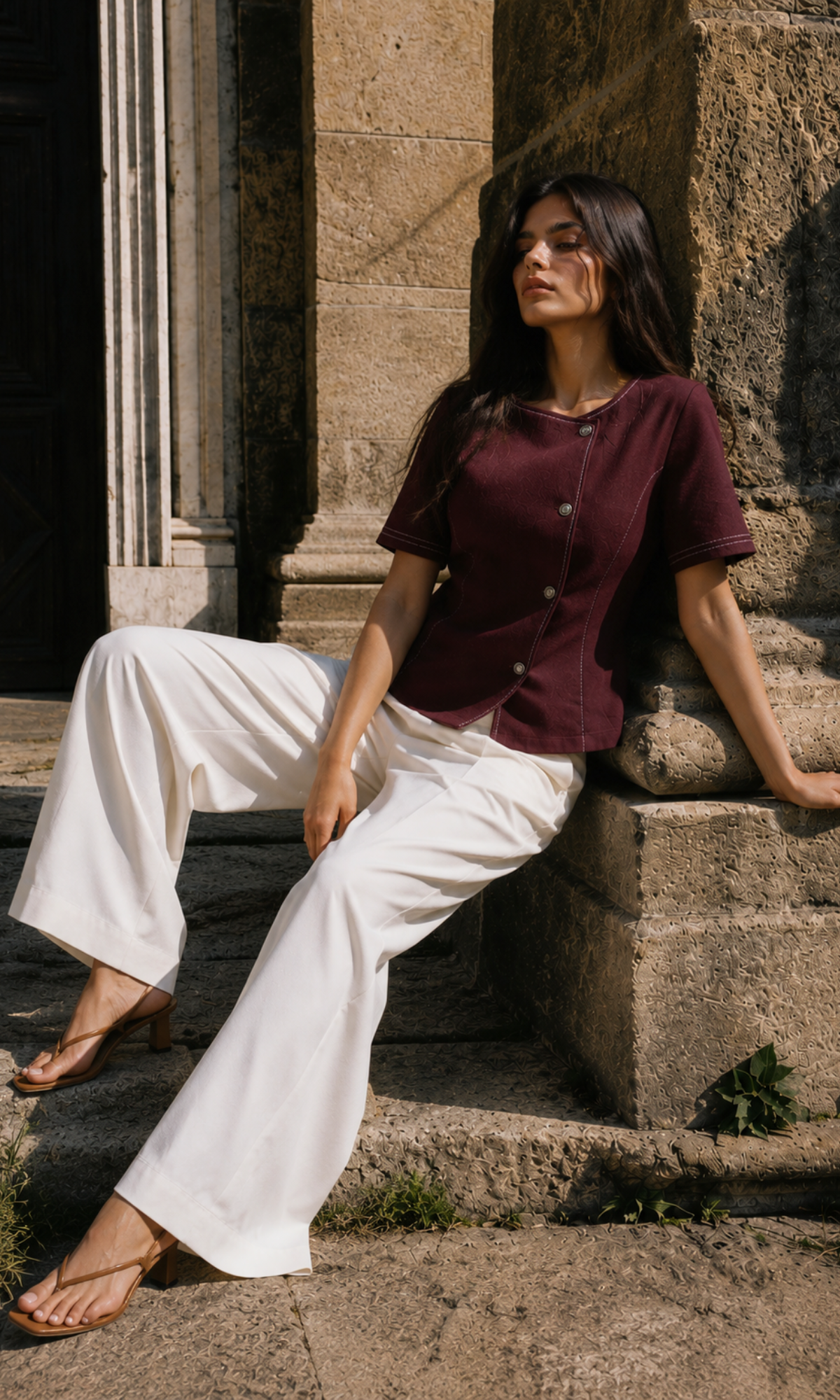 Wine Denim Contrast Stitch Top