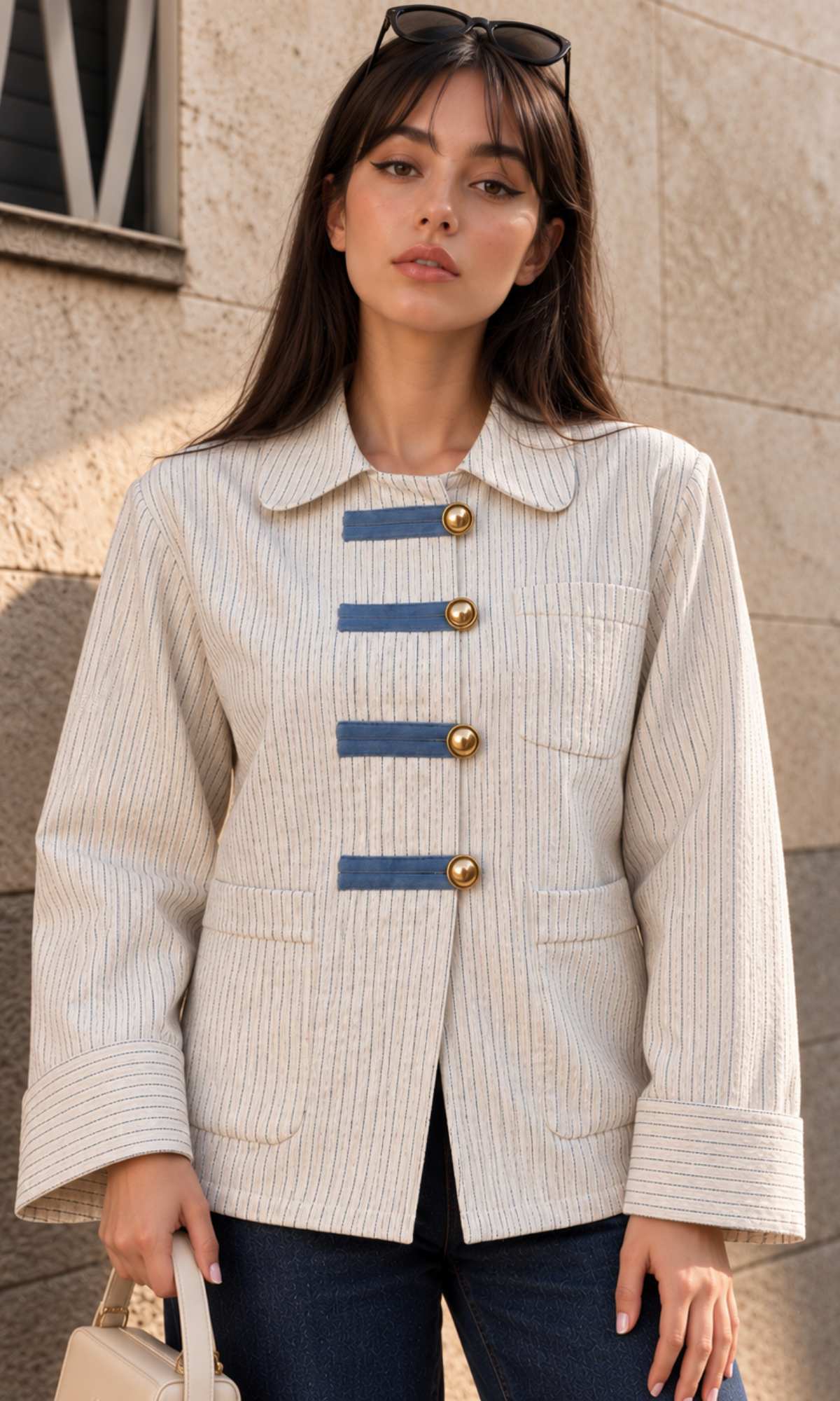 Frog-Closure Ivory Pinstripe Overshirt