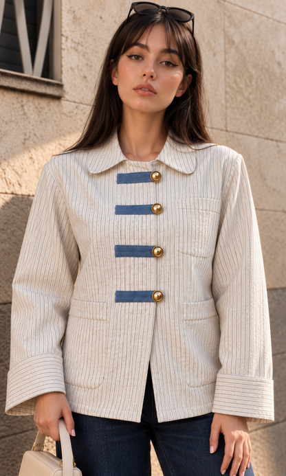 Frog-Closure Ivory Pinstripe Overshirt