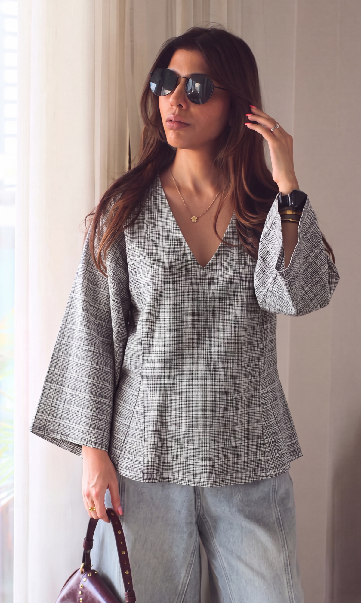 Charcoal Check V-Neck Peplum Top