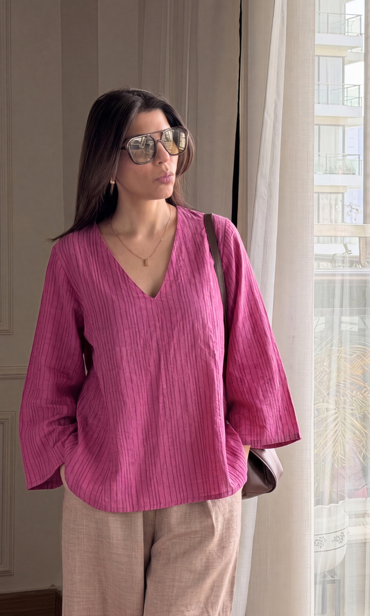 Fuchsia V-Neck Peplum Top