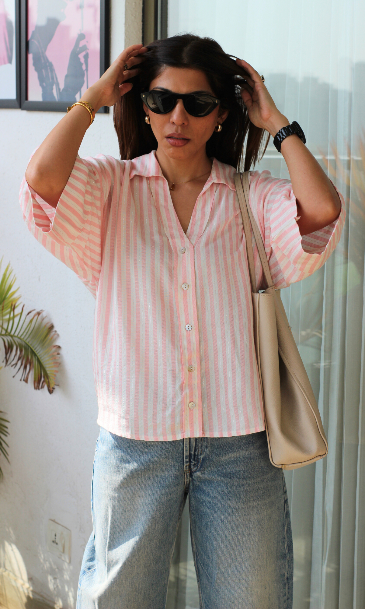 Blush-White Lurex Loose Shirt