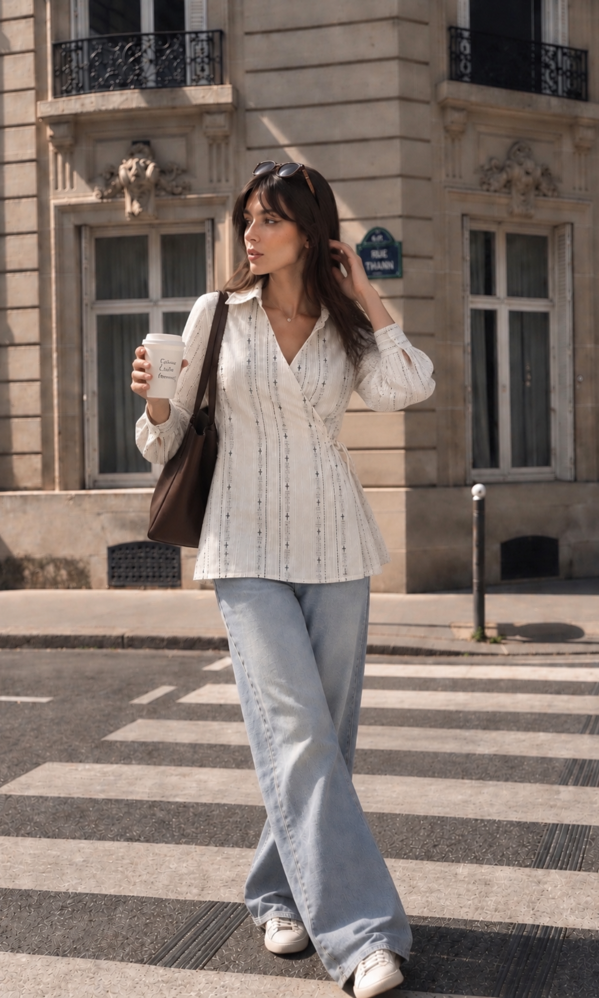 Ivory Black Jacquard Cotton Wrap Top