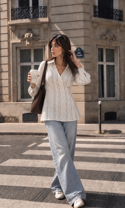 Ivory Black Jacquard Cotton Wrap Top