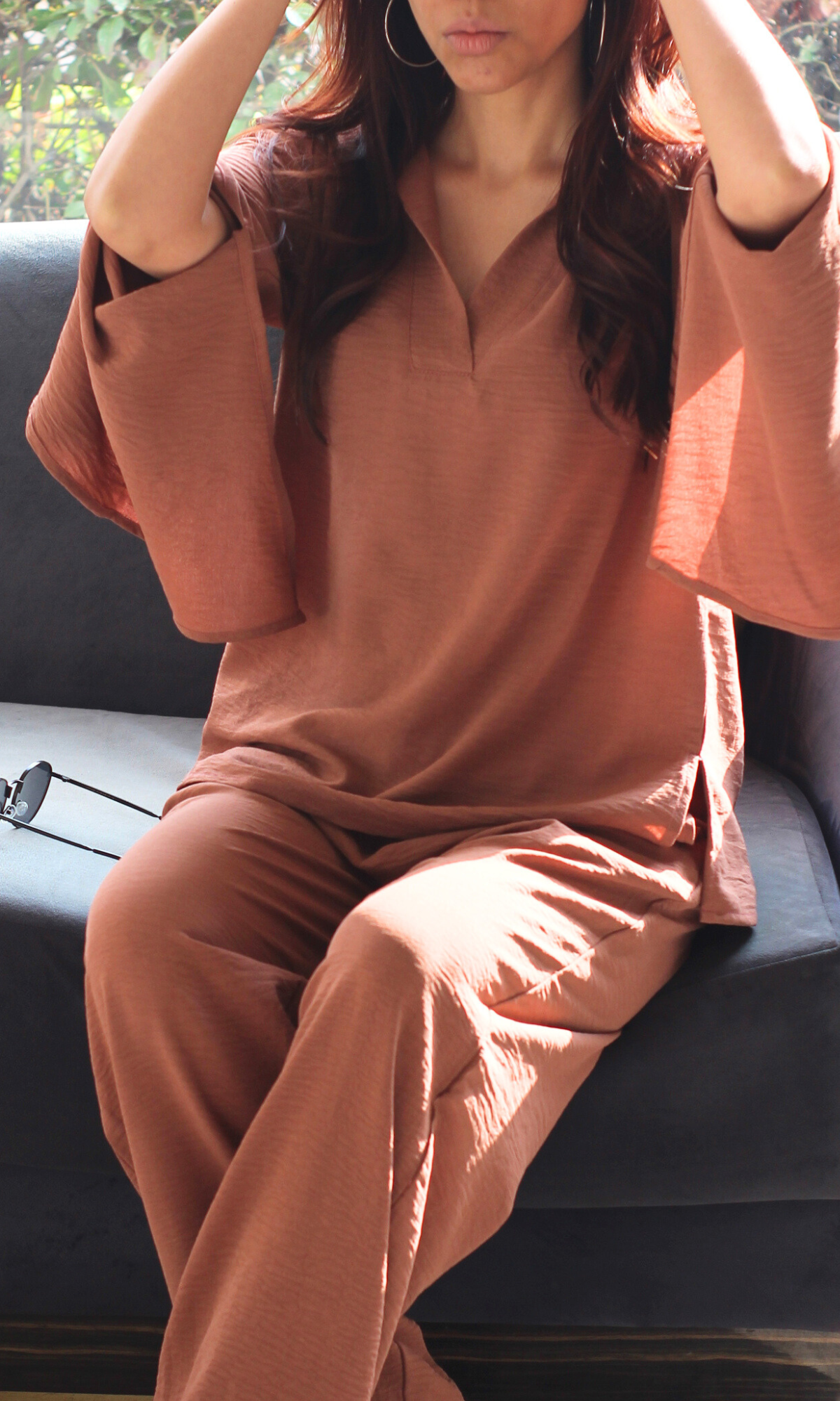 Rust Slit Sleeves Top and Pants Co-ord