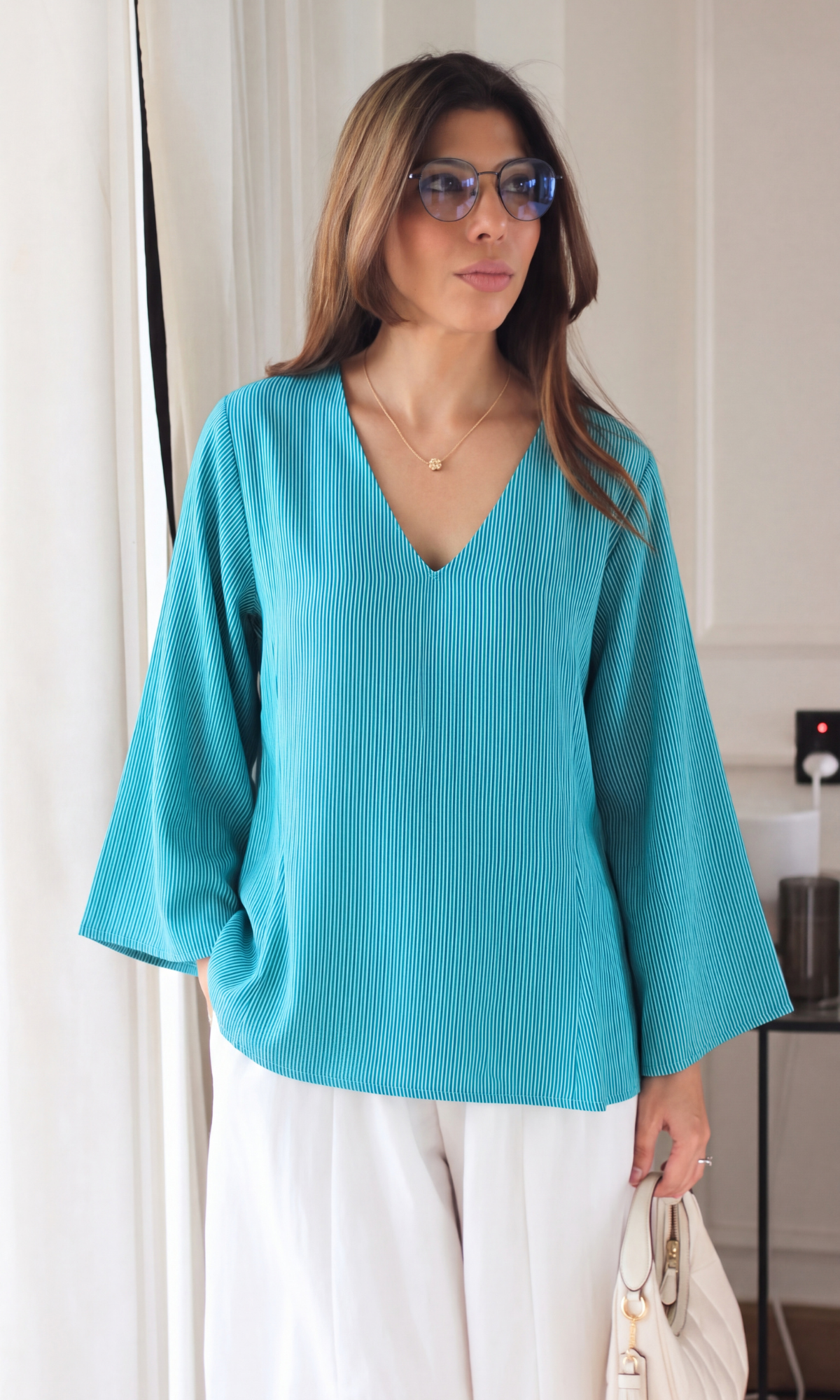 Teal Stripe V-Neck Peplum Top